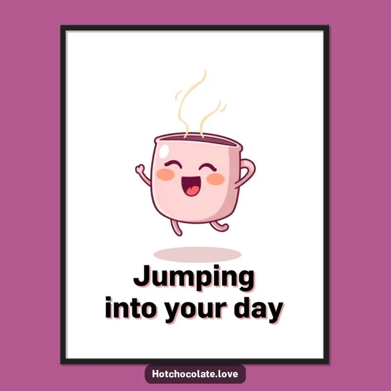 Funny Steaming Mug Joyful Jump Poster - Vibrant Wall Art for Humorous Decor