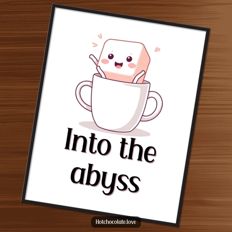 Funny Poster art of a playful sugar cube jumping into a mug, creating a sense of movement and sweet delight.
