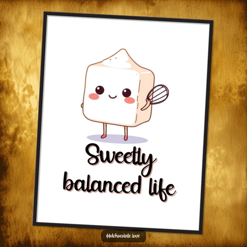 Funny smiling sugar cube with a whisk, creating cheerful and sweet wall art.