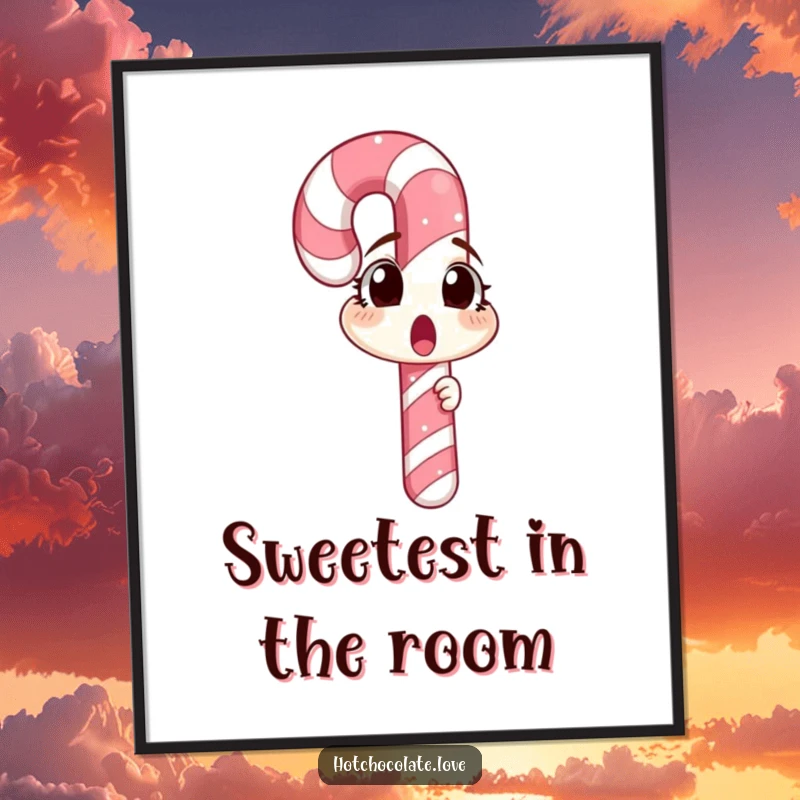 A surprised candy cane staring at its reflection, displayed as a funny holiday poster, adding a humorous touch to any wall.