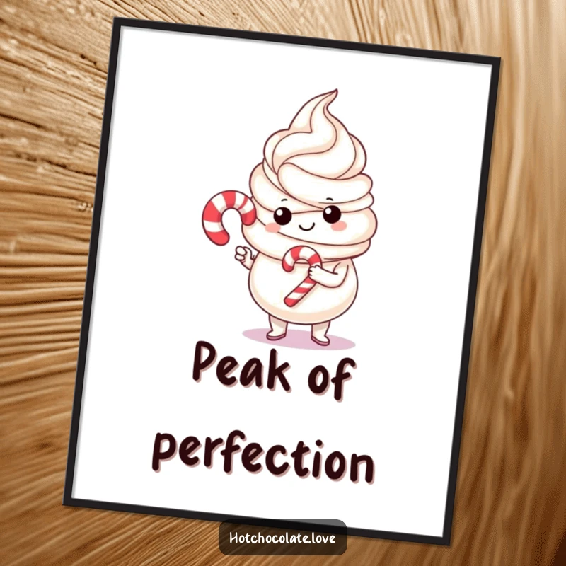 Funny whipped cream proudly holding a tiny candy cane, displayed as a charming holiday poster, bringing festive cheer to any room.