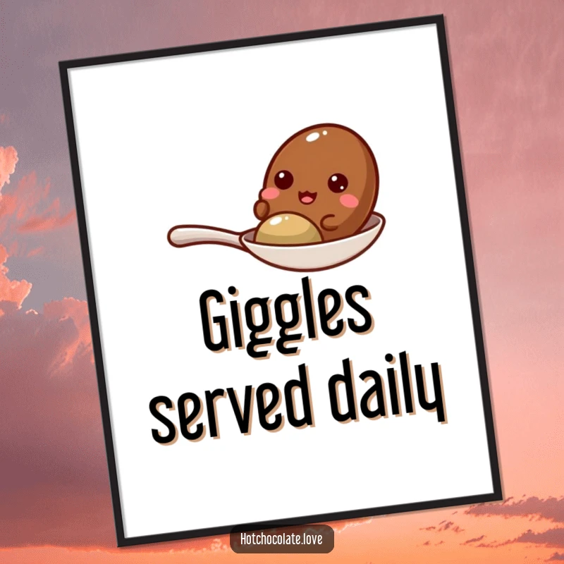 Funny cocoa bean caught mid-giggle on a small spoon, creating cheerful wall art.