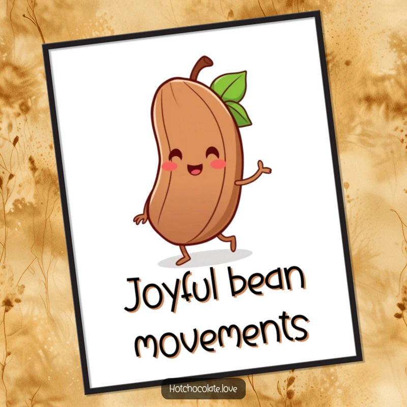 Funny poster displaying a delighted cocoa bean with a tiny smile, joyfully performing a little jig.