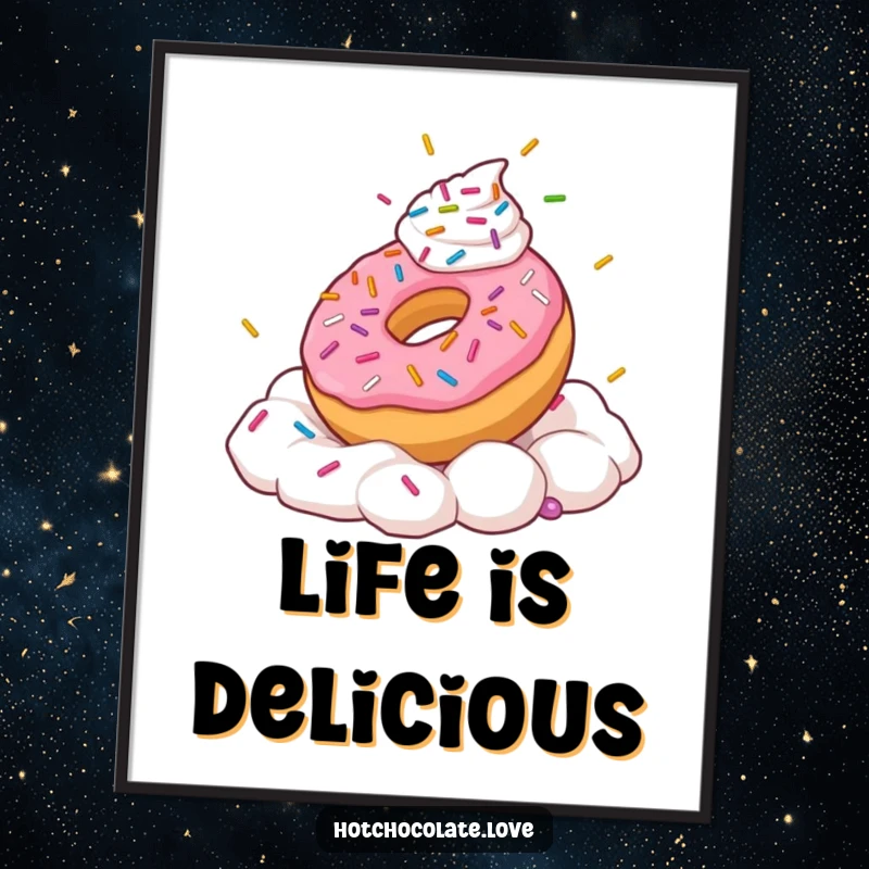 Funny poster art of a playful donut with sprinkles frolicking in a swirl of whipped cream.