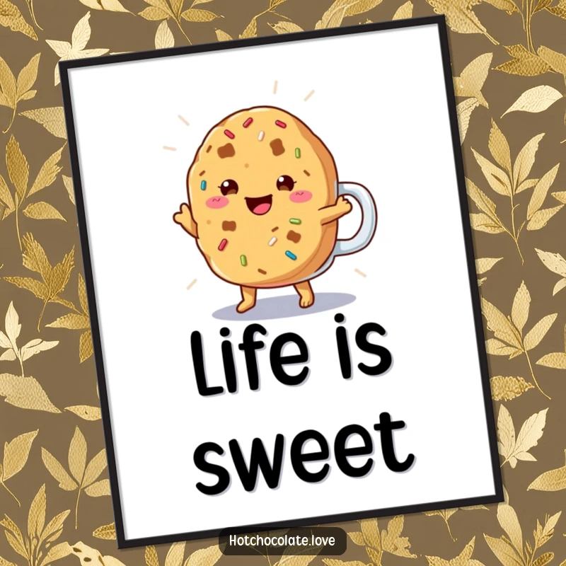 Funny Cookie Poster showing a cheerful cookie with sprinkles doing a happy jig, perfect for sweet and humorous wall art.