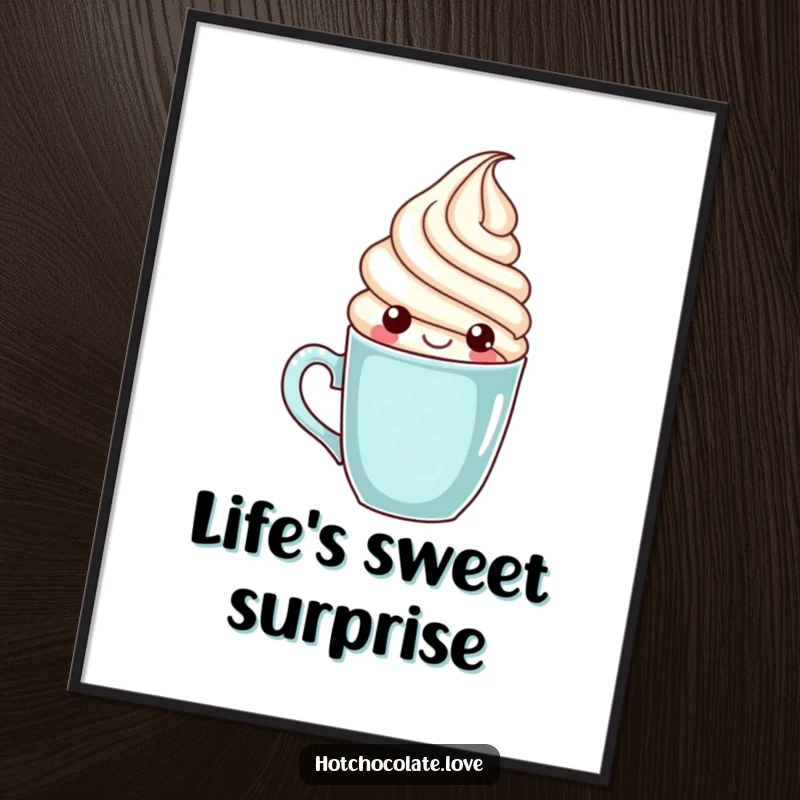 Funny whipped cream character playfully emerging from a mug, presented as a joyful and humorous wall poster.