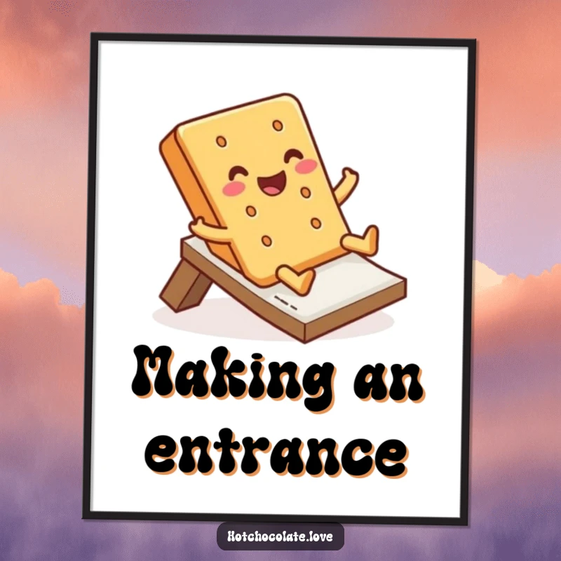 Funny Poster art of a jolly graham cracker sliding down with pure happiness, perfect for adding a sweet and fun vibe to decor.