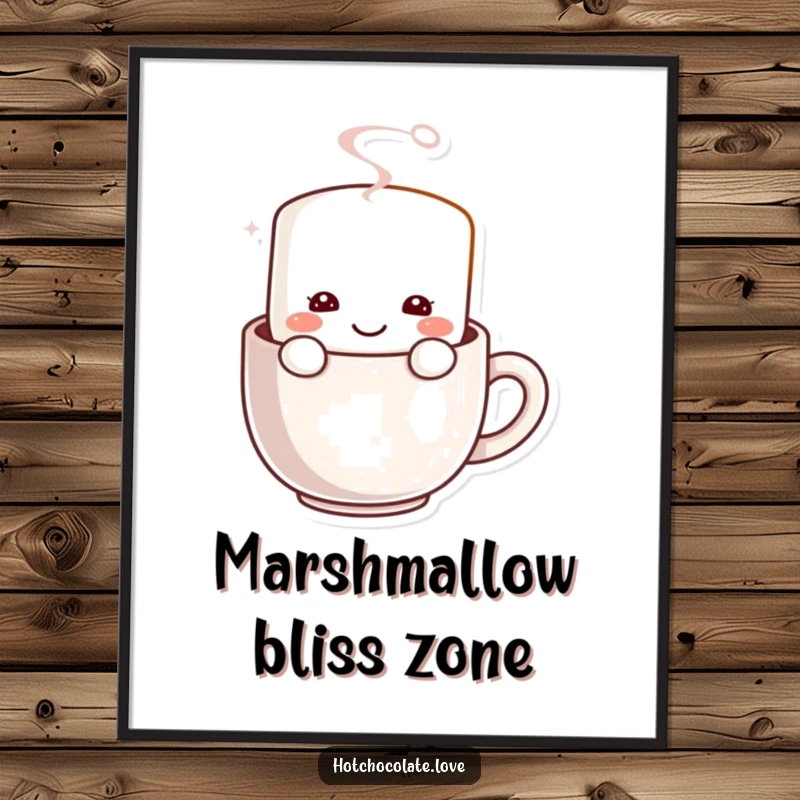 Funny Marshmallow Poster: A happy marshmallow character smiling from a steaming mug, adding warmth and sweetness to decor.