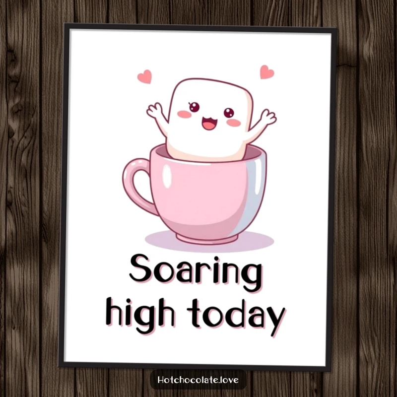 Funny Marshmallow Poster showing a happy, waving marshmallow in a mug, bringing warmth and delightful humor.