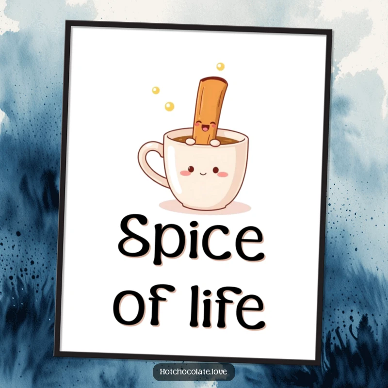 Funny Poster depicting a delighted cinnamon stick twirling inside a steaming mug, evoking feelings of comfort, warmth, and spiced delight.