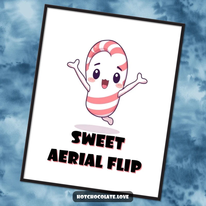 Funny surprised candy cane mid-cartwheel, a vibrant and humorous poster print for unexpected decor.