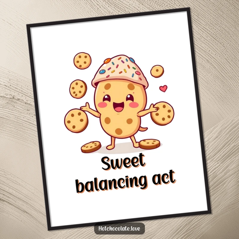 Funny cookie character wearing a sprinkle hat, actively juggling cookies, a vibrant and humorous poster print.