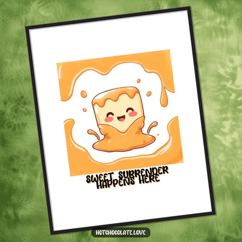Funny poster capturing a caramel cube character in a state of joyful meltdown into a rich, smooth liquid, a humorous wall decoration.