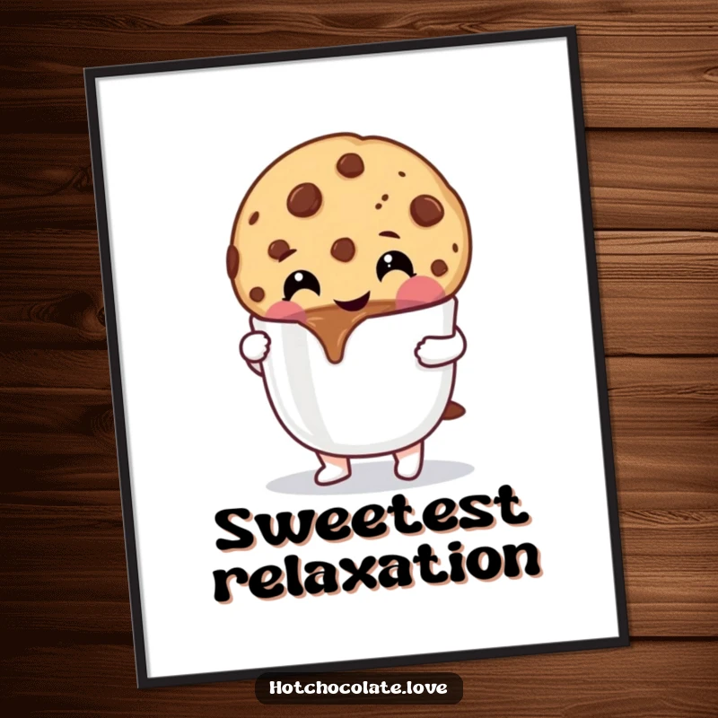 Funny Cookie Poster: A cheerful chocolate chip cookie dipping into hot chocolate, adding sweetness and humor to decor.