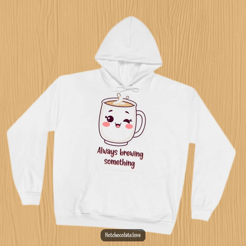 Funny hoodie: A happy, bubbling mug character winking. Cozy and warm apparel for beverage lovers.