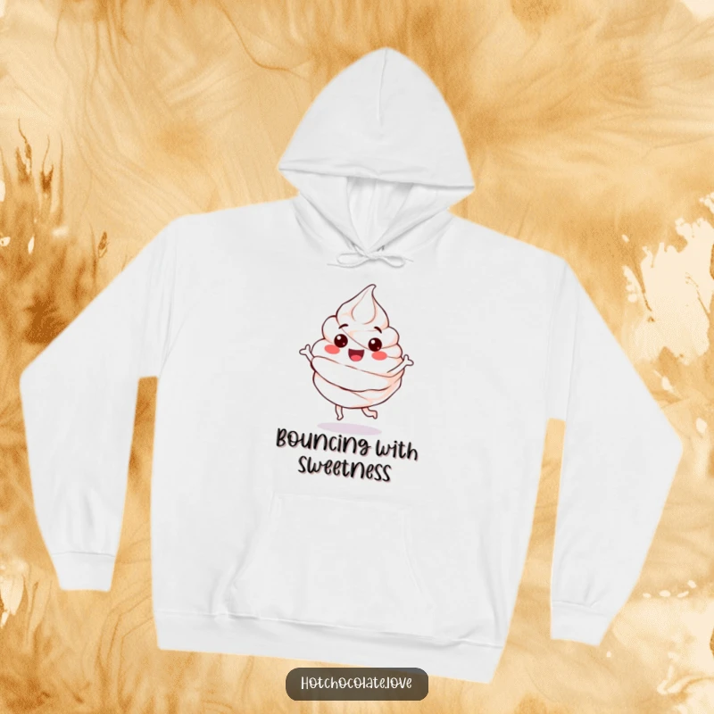 Funny Hoodie featuring a happy, anthropomorphic whipped cream dollop in a playful bouncing motion, embodying sweet joy.