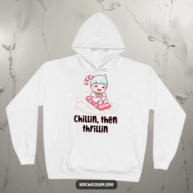 Funny candy cane character enjoying a wild ride down a soft whipped cream slope, featured on a comfy hoodie.