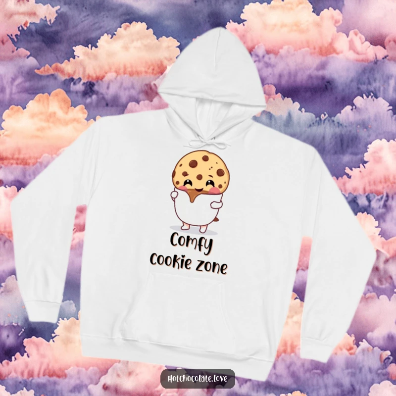 Funny Cookie Hoodie: A cheerful chocolate chip cookie dipping into hot chocolate, offering cozy comfort and sweet humor.