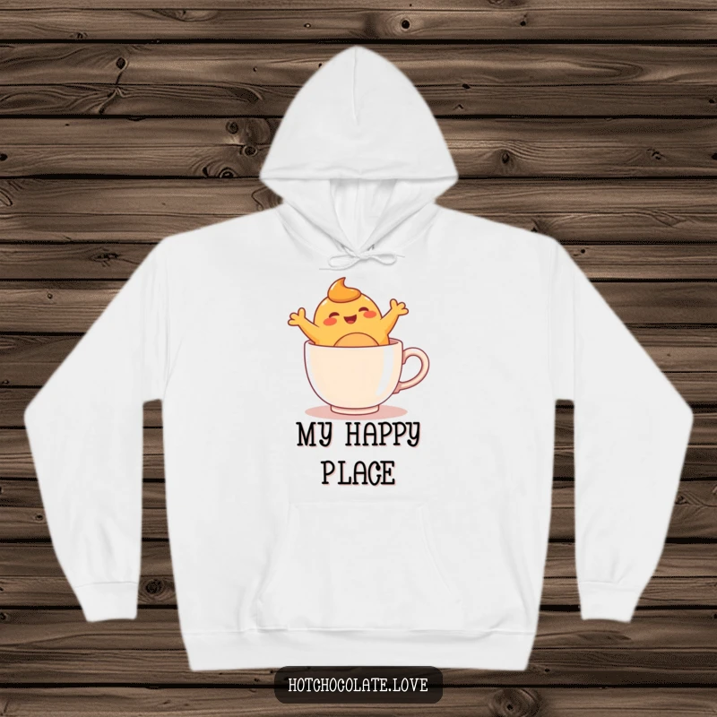 Funny caramel blob character doing joyful leaps within a warm mug, featured on a comfortable and humorous hoodie.