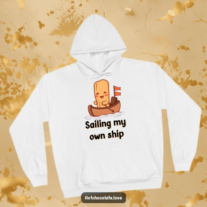 Funny cinnamon stick rowing a tiny chocolate boat on a cozy hoodie, illustrating a playful and adventurous dessert-themed scene.