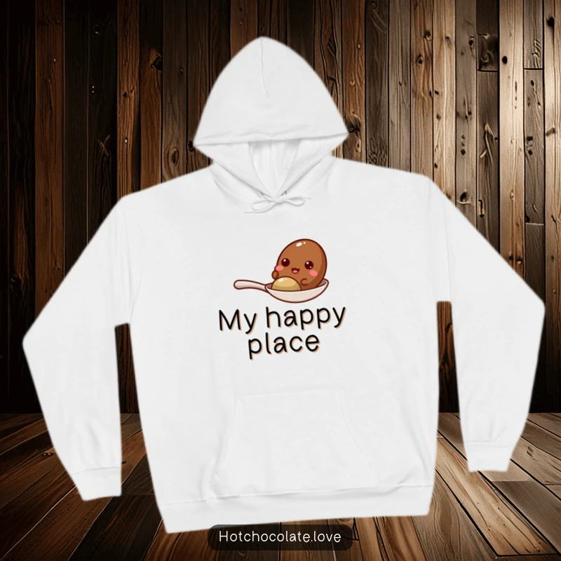Funny cocoa bean with a joyful giggle on a small spoon, printed on a soft, warm hoodie.