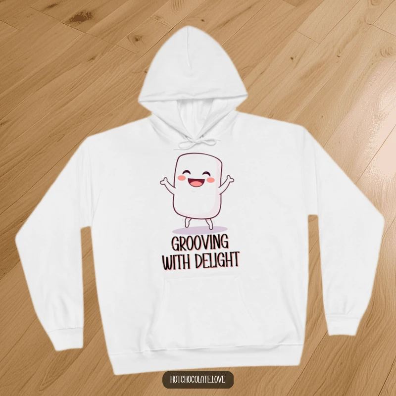 Funny hoodie illustration of a grinning marshmallow doing a comical silly dance, perfect for cozying up with a laugh, funny gift.
