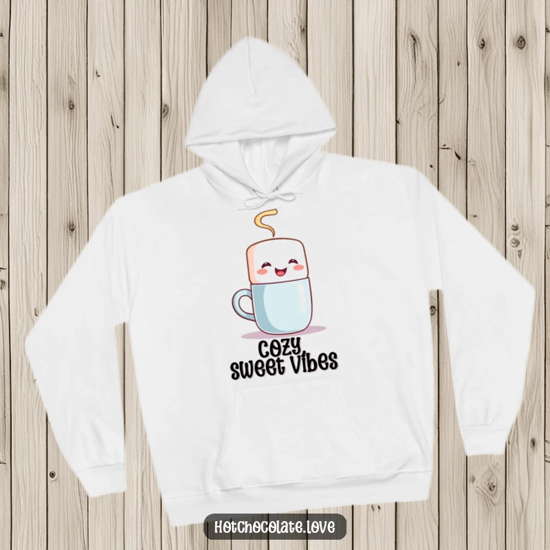 Funny hoodie featuring a happy marshmallow character stirring a steaming mug with great enthusiasm, perfect for cozy days.