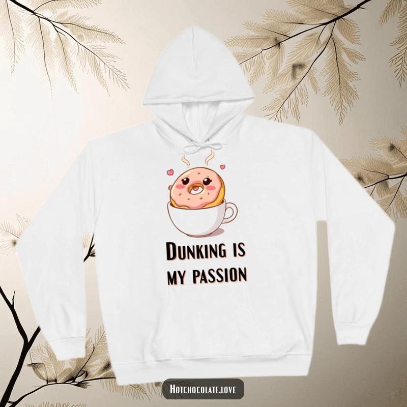 Funny hoodie: A bouncy donut character floating happily in hot chocolate. Cozy and sweet design.