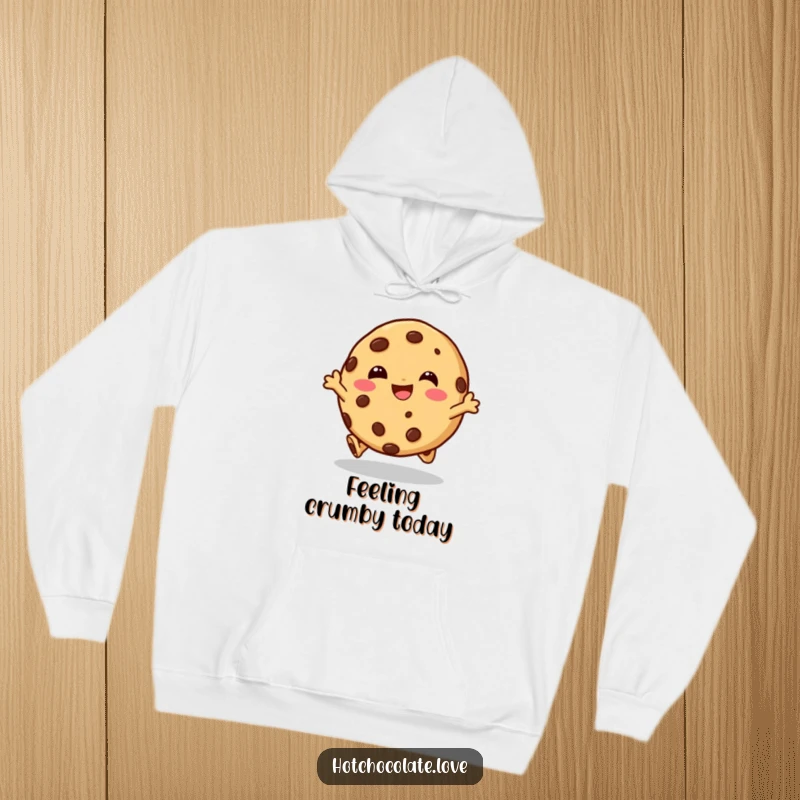 Funny hoodie with a cheerful chocolate chip cookie character doing a happy hop, offering warmth and a dose of pure fun.