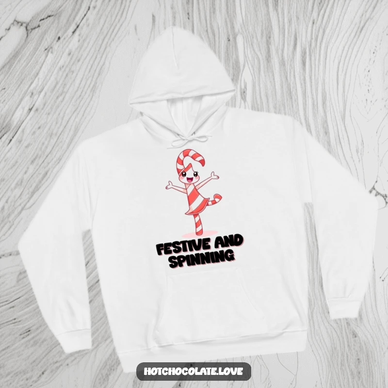 Funny Candy Cane Hoodie depicting a delighted candy cane doing a silly pirouette with festive stripes, perfect for cozy warmth.