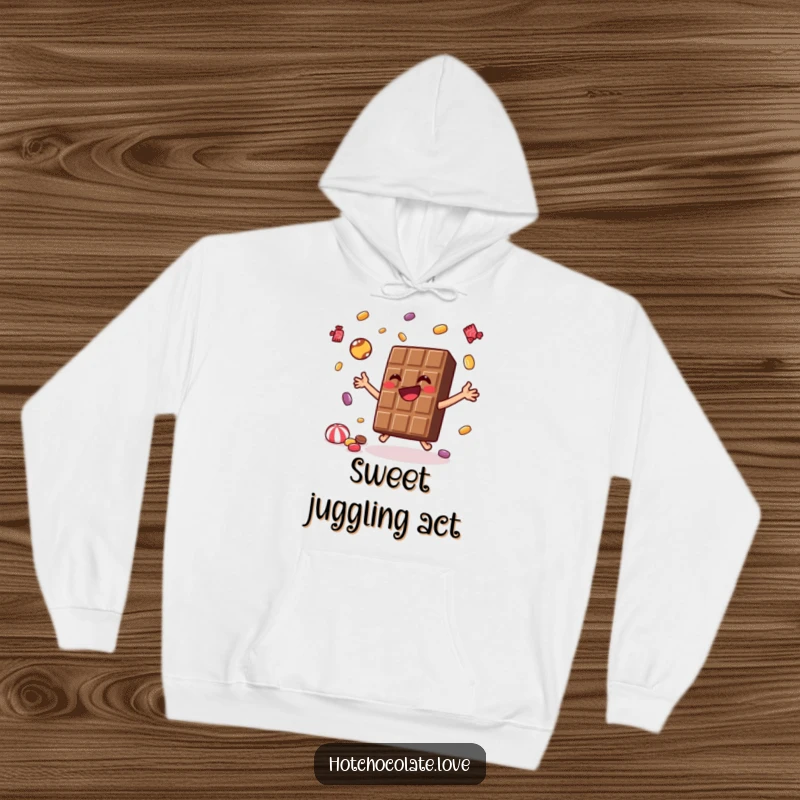 Funny Hoodie showcasing a joyful chocolate bar juggling tiny candies, a perfect blend of cozy comfort and humorous design.