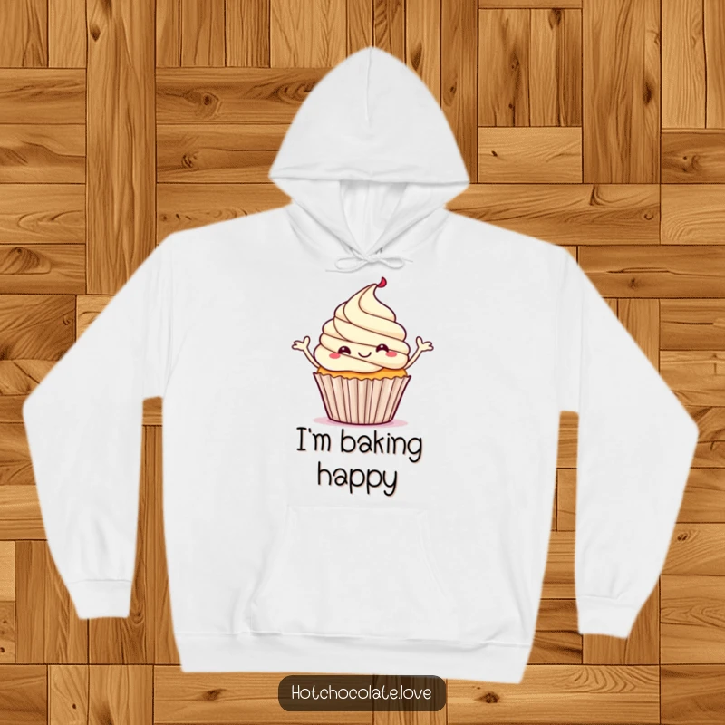 Funny hoodie depicting a happy cupcake dancing a jig, with small wisps of steam rising.