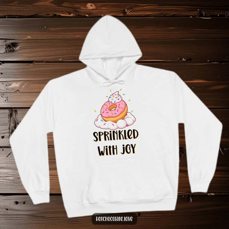 Funny hoodie featuring a playful donut with sprinkles frolicking in a delicious cloud of whipped cream.