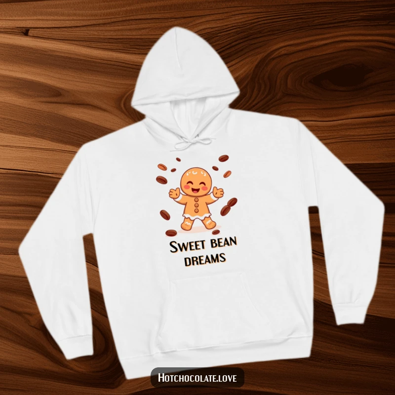 Funny hoodie featuring a joyful gingerbread man character juggling cocoa beans, embodying the spirit of the holidays.