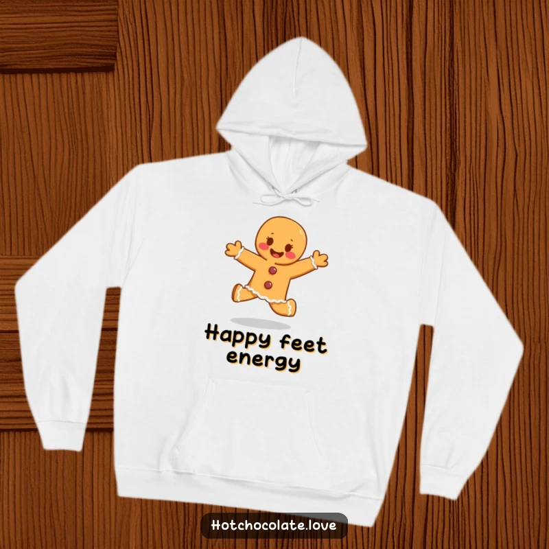 Funny gingerbread person skipping with infectious glee, a warm and humorous hoodie for spreading cheer.