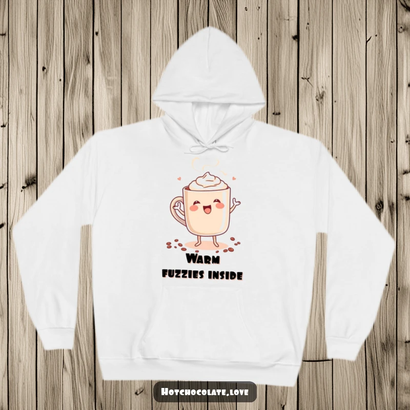 Funny hoodie depicting a steaming mug of hot chocolate personified, doing a happy dance, perfect for cozy and cheerful wear.