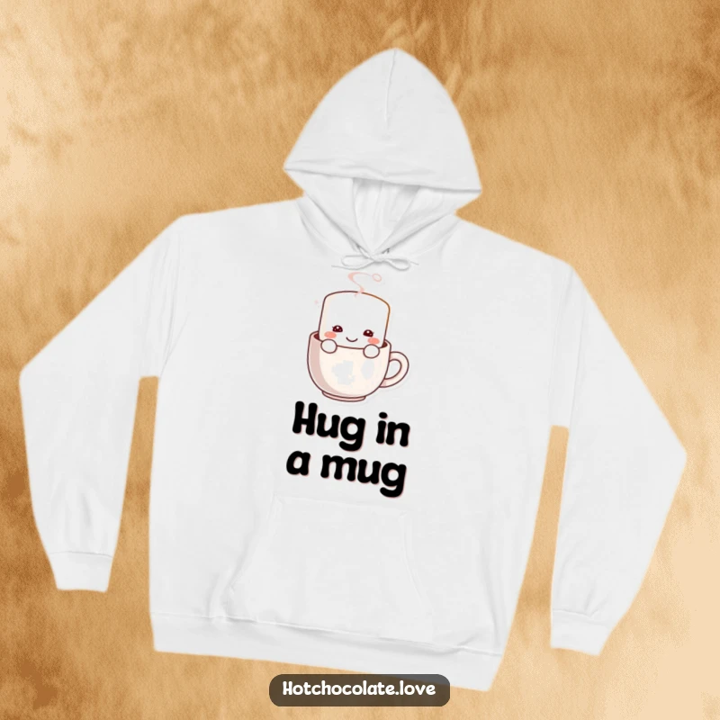 Funny Marshmallow Hoodie: A happy marshmallow character smiling from a steaming mug, offering cozy comfort and sweet humor.