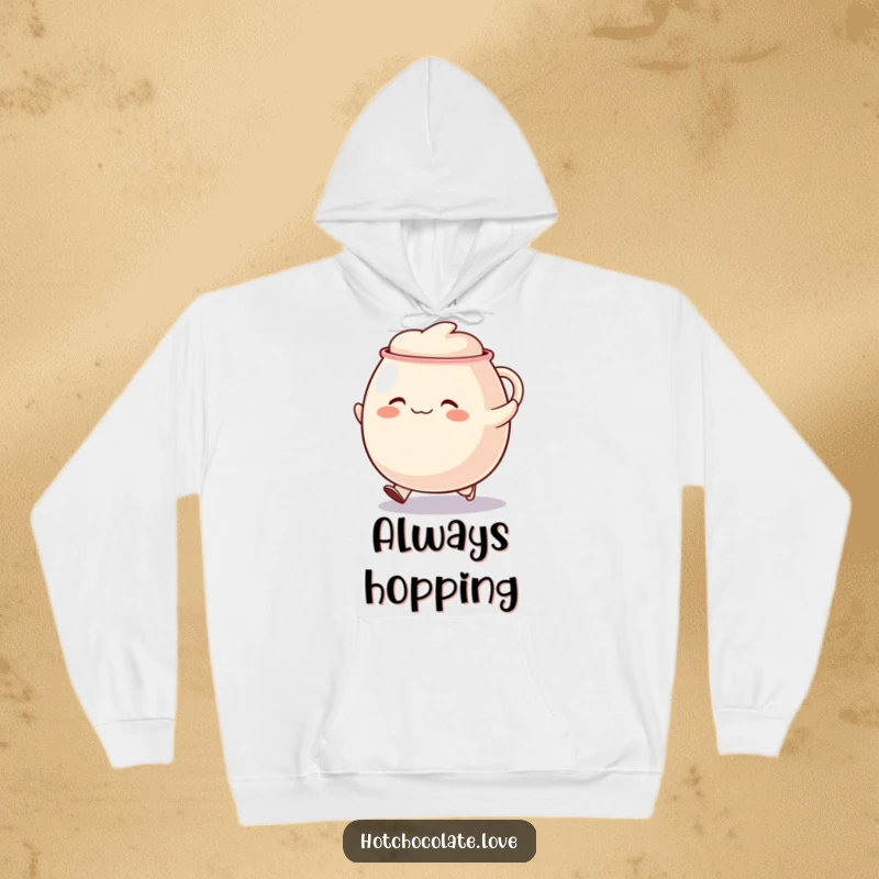 Funny skipping mug hoodie, featuring a round, happy mug character performing a joyful skip, perfect for cozy days.