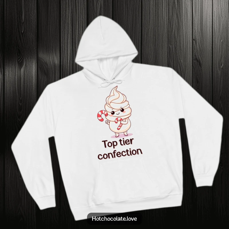 Funny whipped cream proudly holding a miniature candy cane, featured on a warm hoodie, embodying festive and sweet holiday vibes.