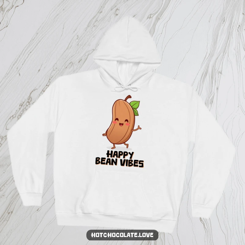 Funny hoodie featuring a delighted cocoa bean with a tiny smile, joyfully doing a little jig.