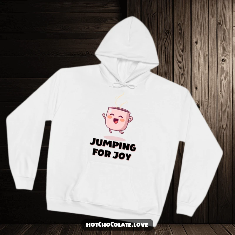 Funny hoodie art of a happy steaming mug doing an energetic joyful jump, indicating cheerfulness, ideal funny gift.