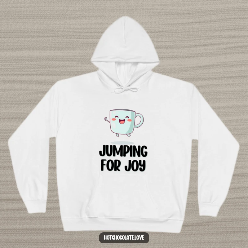 Funny Hoodie showcasing a happy steaming mug in a joyful jump, a perfect blend of warmth and humorous design.