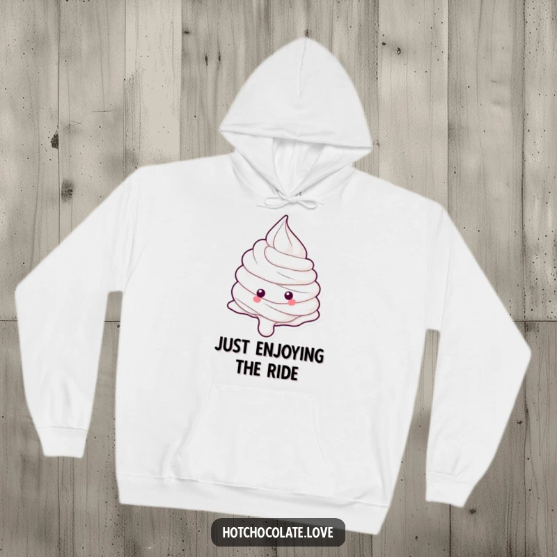 Funny whipped cream dollop joyfully rolling downhill, printed on a soft and cozy hoodie.