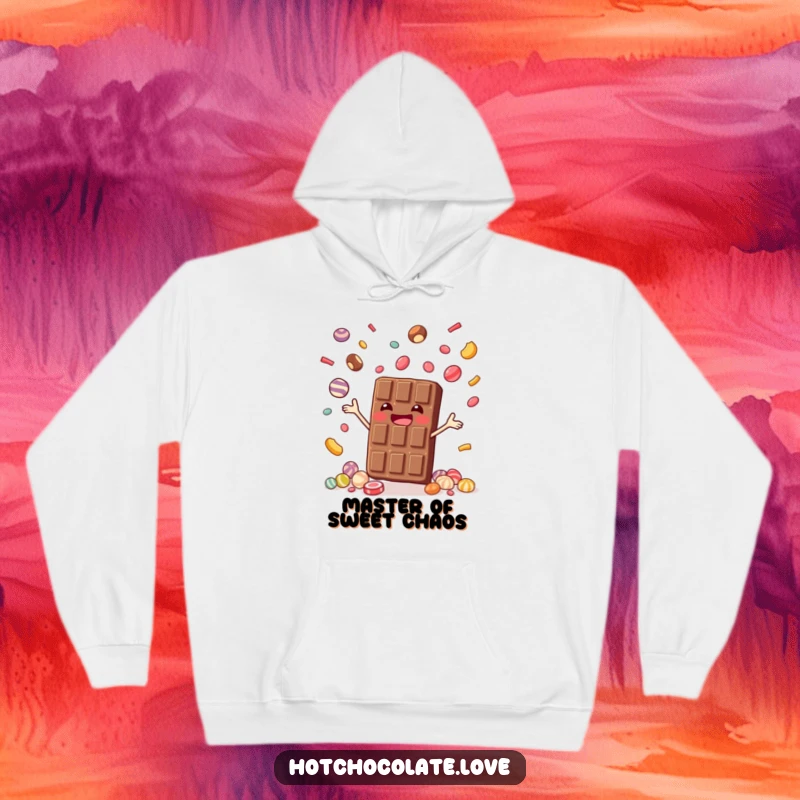 Funny hoodie design of a joyful chocolate bar juggling small candies, bringing warmth and whimsical humor, funny gift.