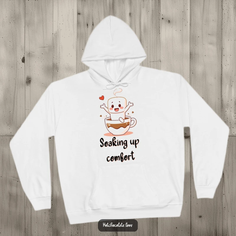 Funny hoodie featuring a cheerful marshmallow character diving into hot chocolate, perfect for cozy wear and sweet, humorous vibes.
