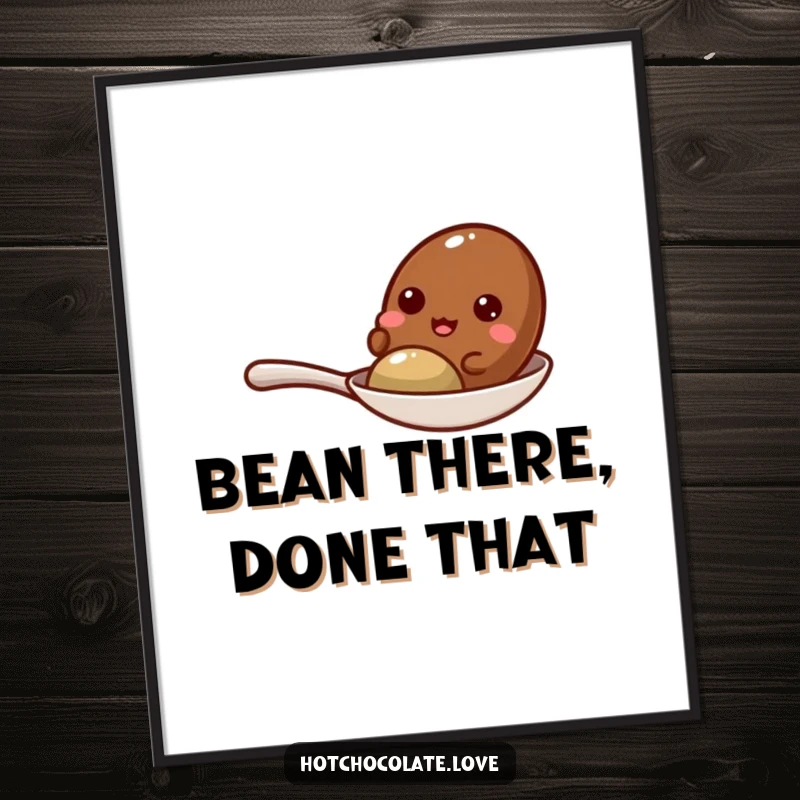 Funny Free Printable Cocoa Bean Art: A cheerful cocoa bean giggling wildly on a tiny spoon, bringing pure, unadulterated joy to your space.