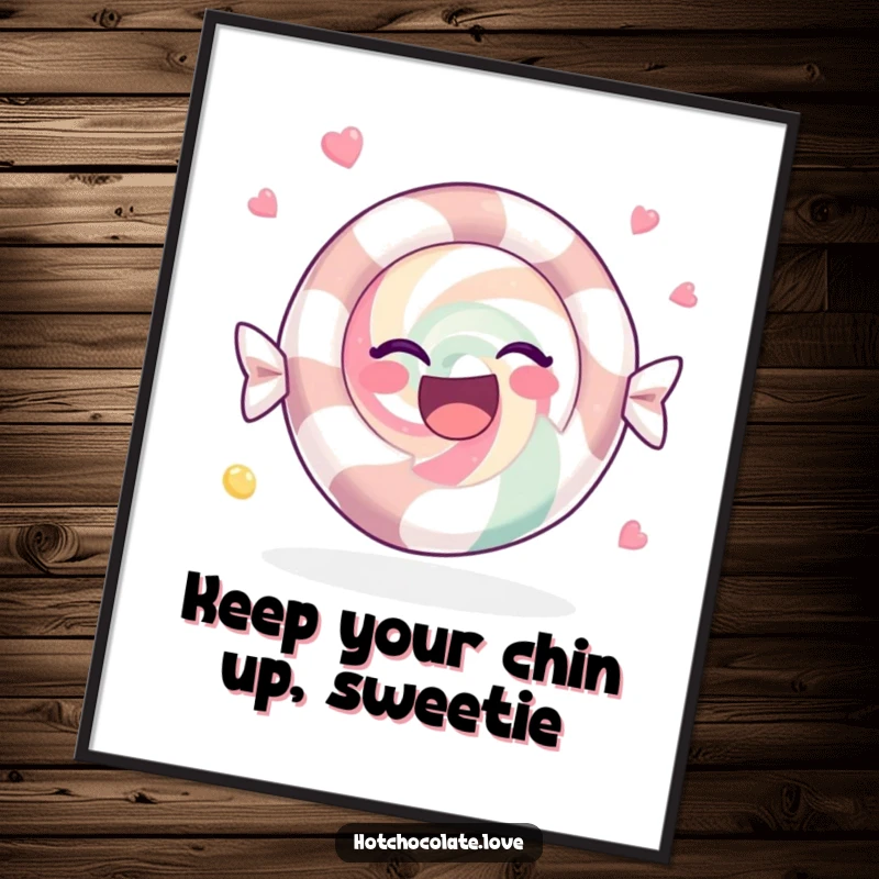 Funny Free Printable Wall Art depicting a peppermint candy in a state of blissful, joyful spinning motion.