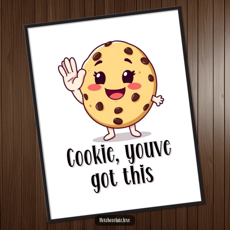 Funny free printable wall art: A smiling anthropomorphic chocolate chip cookie enthusiastically giving a high-five.