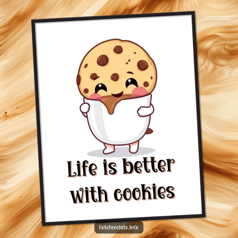 Funny Free Printable Wall Art: A cheerful chocolate chip cookie character dips itself into a mug of hot chocolate.