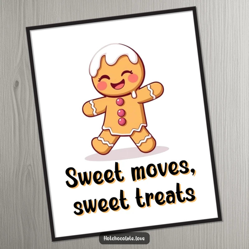 Funny Free Printable Wall Art: a winking gingerbread man dancing with icing dripping, adding sweet charm.